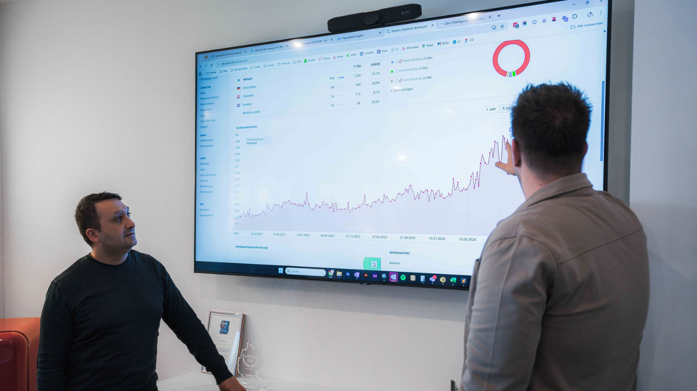 Social Media-Marketing Strategien Zwei Mitarbeiter stehen vor einem Bildschirm und besprechen ein Diagramm